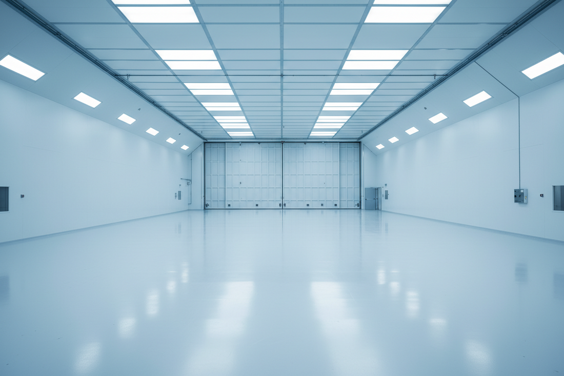 Bright, spotless climate-controlled hangar bay with pale walls and a smooth sealed floor