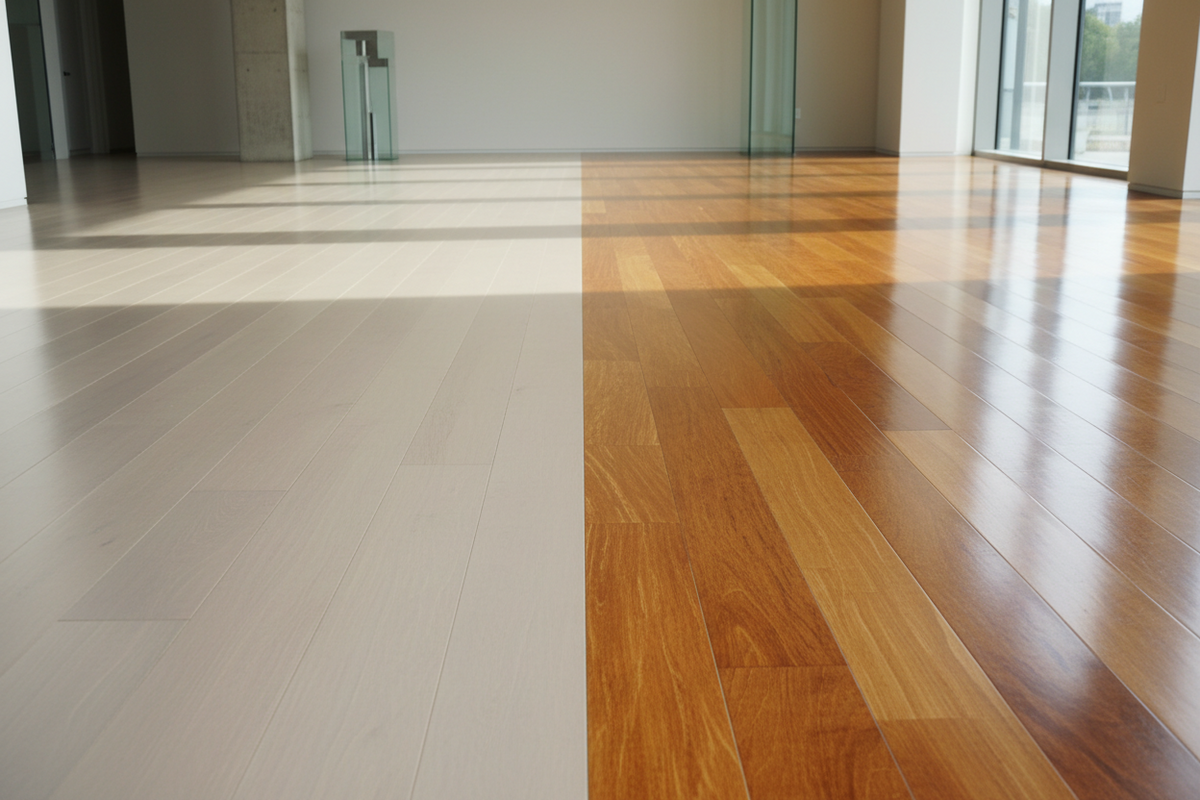 Two flawless finished hardwood floor tones meeting, a pale satin floor beside a warm amber gloss floor