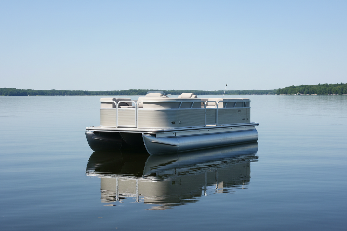 Clean freshly coated aluminum pontoon boat on calm flat water in bright daylight