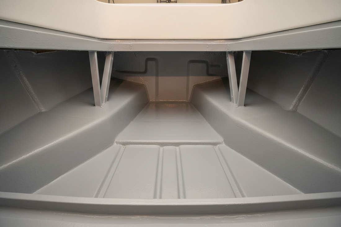 Clean, freshly coated boat bilge and engine bay interior with an even, corrosion-free finish