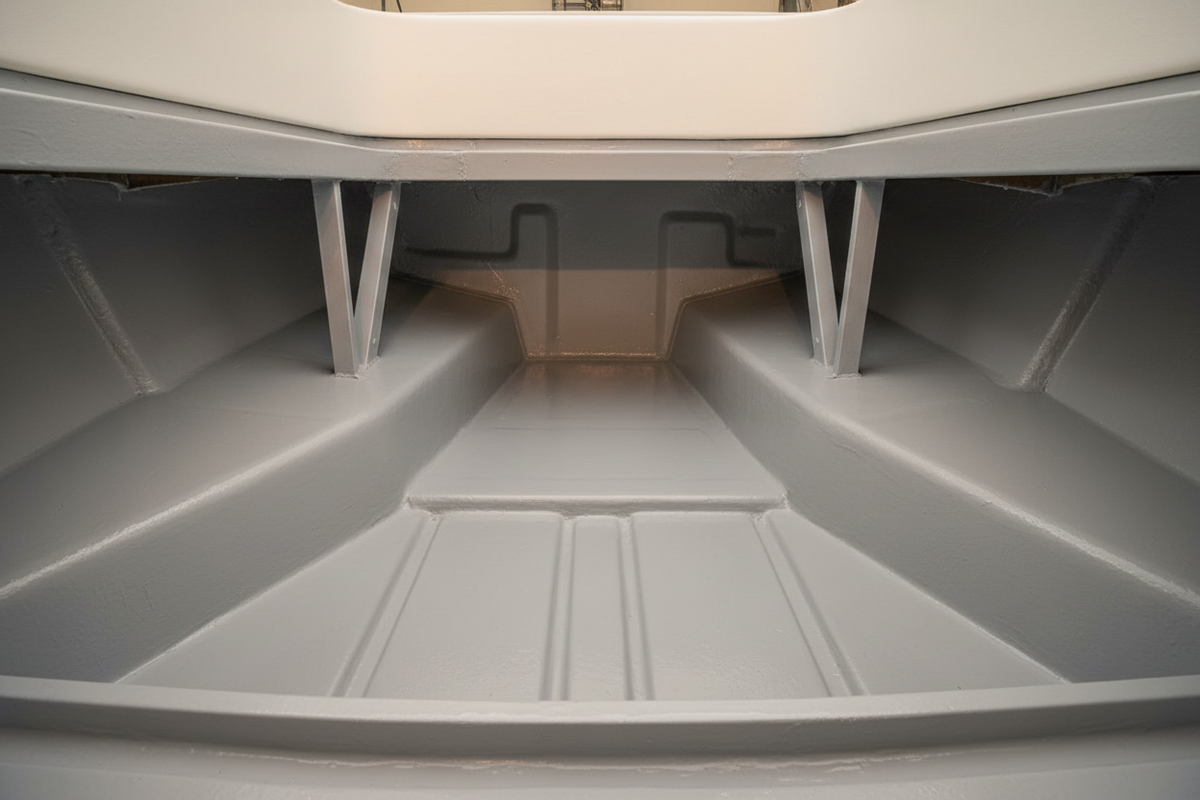 Clean, freshly coated boat bilge and engine bay interior with an even, corrosion-free finish