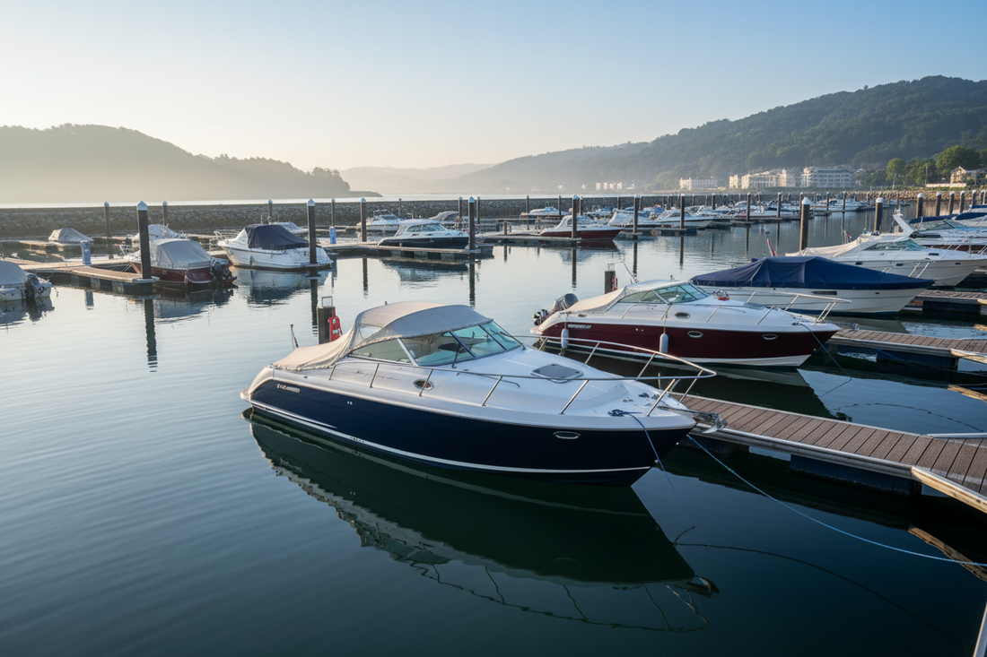 A clean marina with freshly repainted glossy boat hulls reflecting in calm water