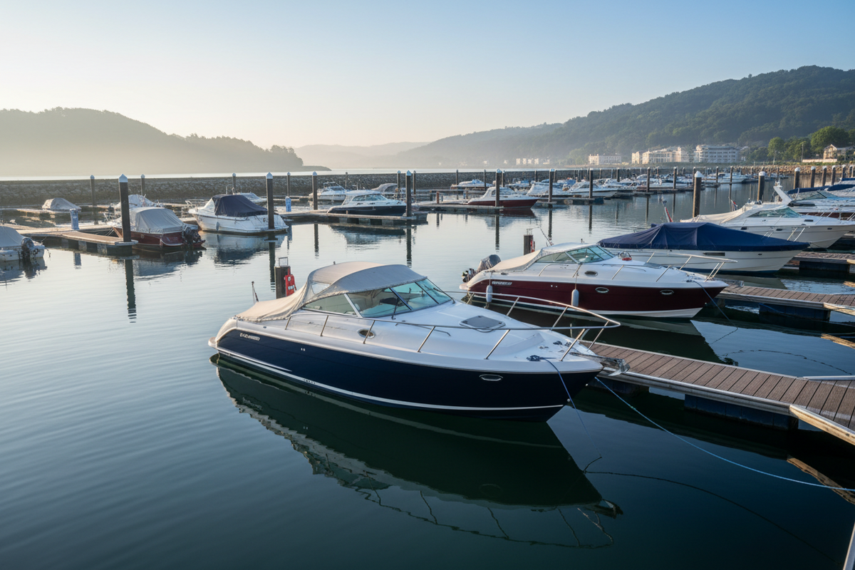 A clean marina with freshly repainted glossy boat hulls reflecting in calm water