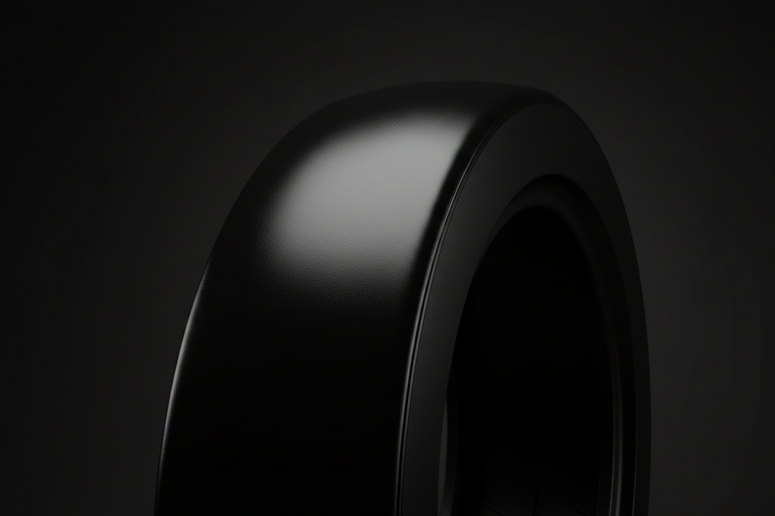 Satin-black tire sidewall with a clean even wet-look sheen on a dark studio backdrop