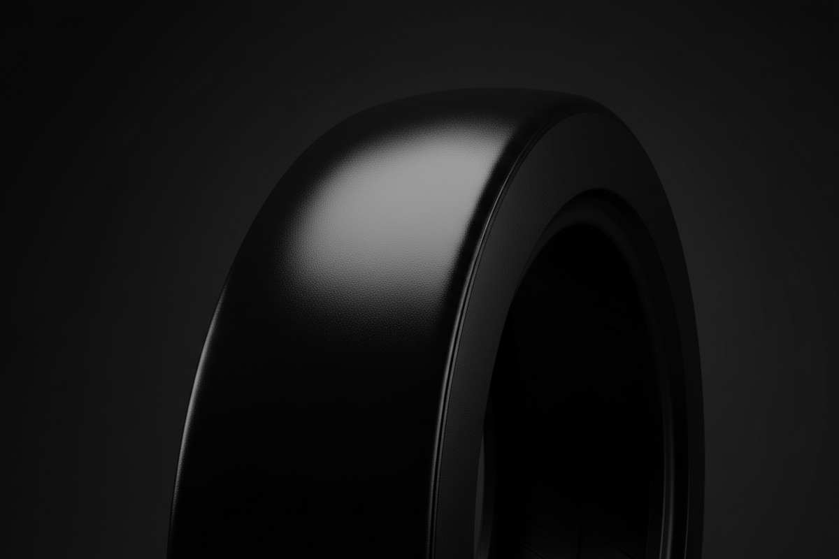 Satin-black tire sidewall with a clean even wet-look sheen on a dark studio backdrop