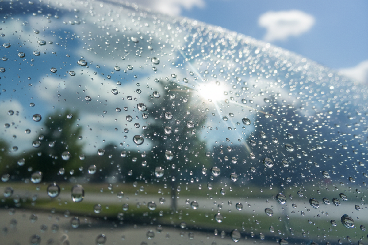 Crystal-clear windshield with crisp water beads and bright reflections