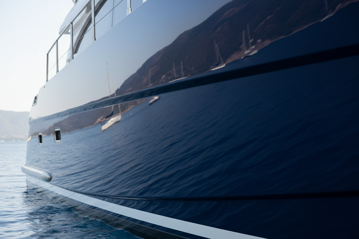Deep-gloss coated boat hull reflecting light across a mirror-smooth cured finish