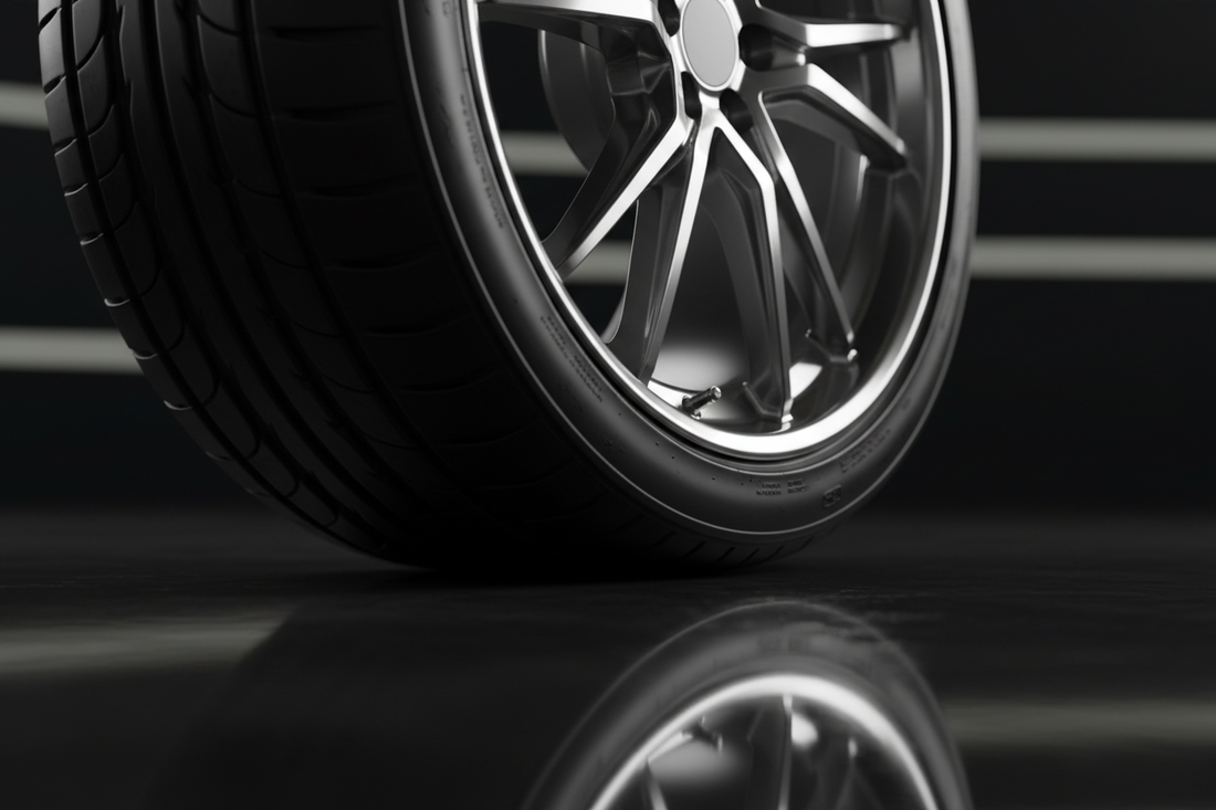 Deep satin-black tire sidewall and clean wheel with an even wet-look sheen under dramatic show lighting
