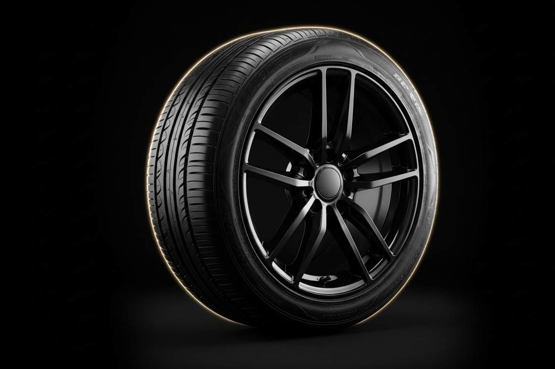 A deep satin-black tire sidewall and clean wheel with an even wet-look dressing and no sling