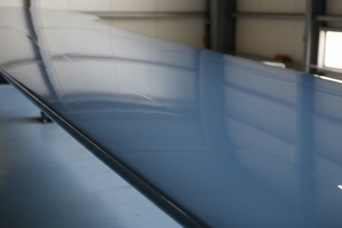 Flawless aircraft wing skin with mirror-smooth, evenly sheened coating in raking light