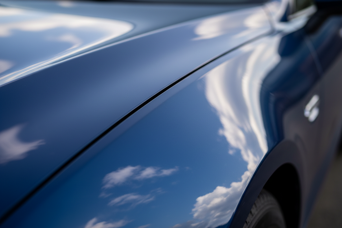 Flawless deep-gloss car fender reflecting a clear sky like a mirror