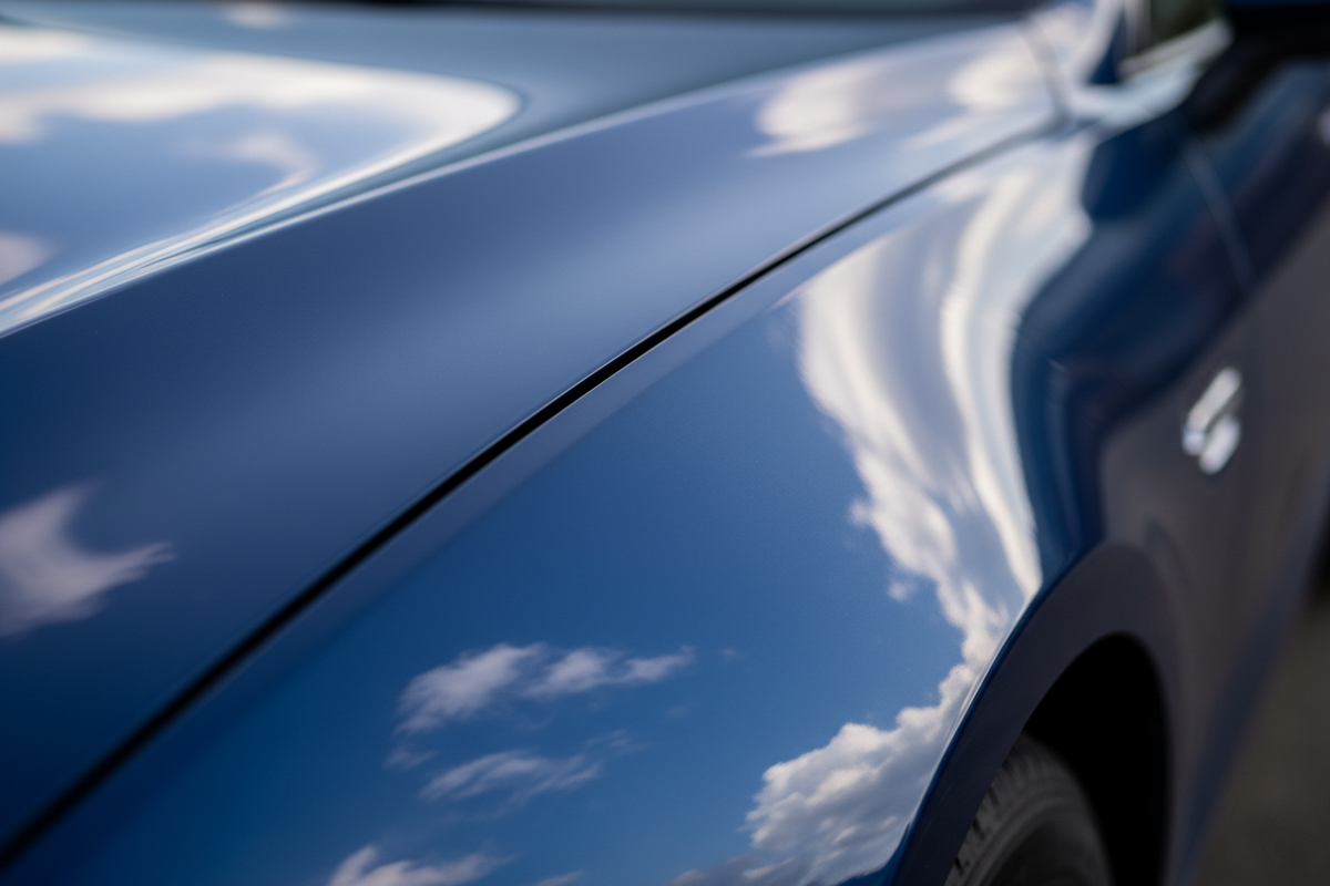 Flawless deep-gloss car fender reflecting a clear sky like a mirror