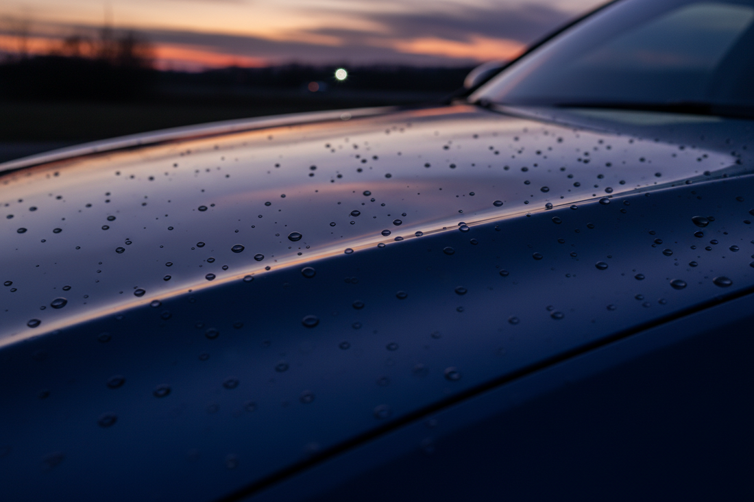 A freshly ceramic-coated car hood at dusk with a deep wet-look reflection and crisp water beading
