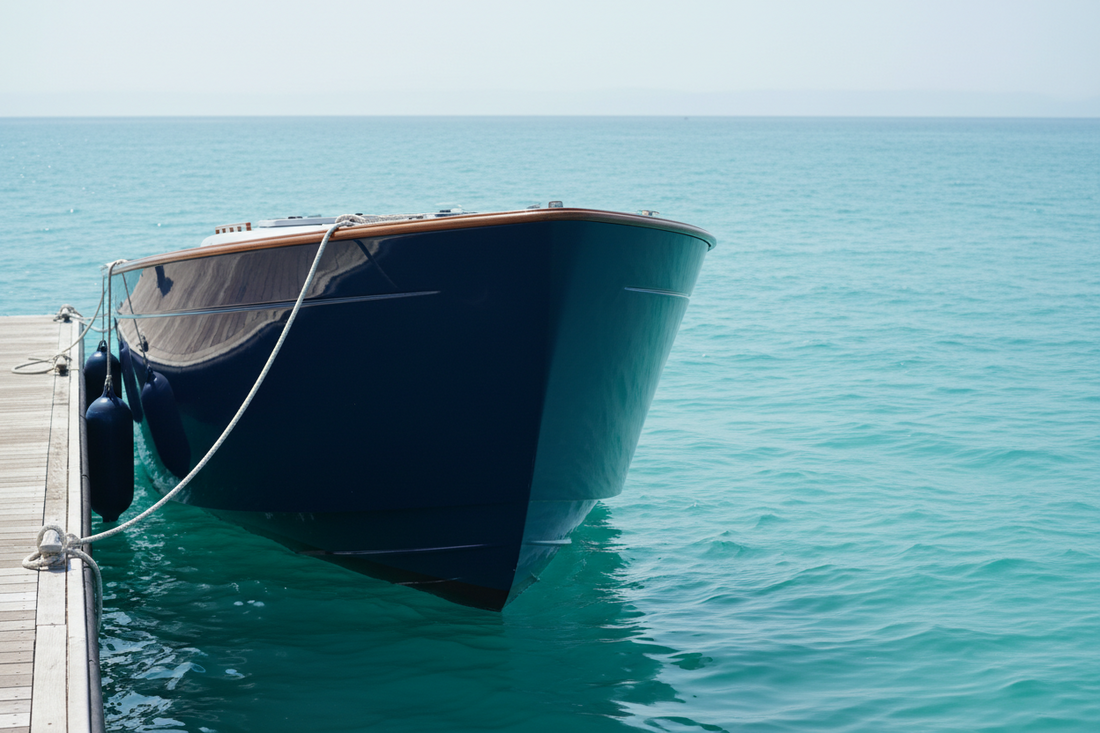 Freshly coated glossy boat hull beside calm sea in clear coastal salt air