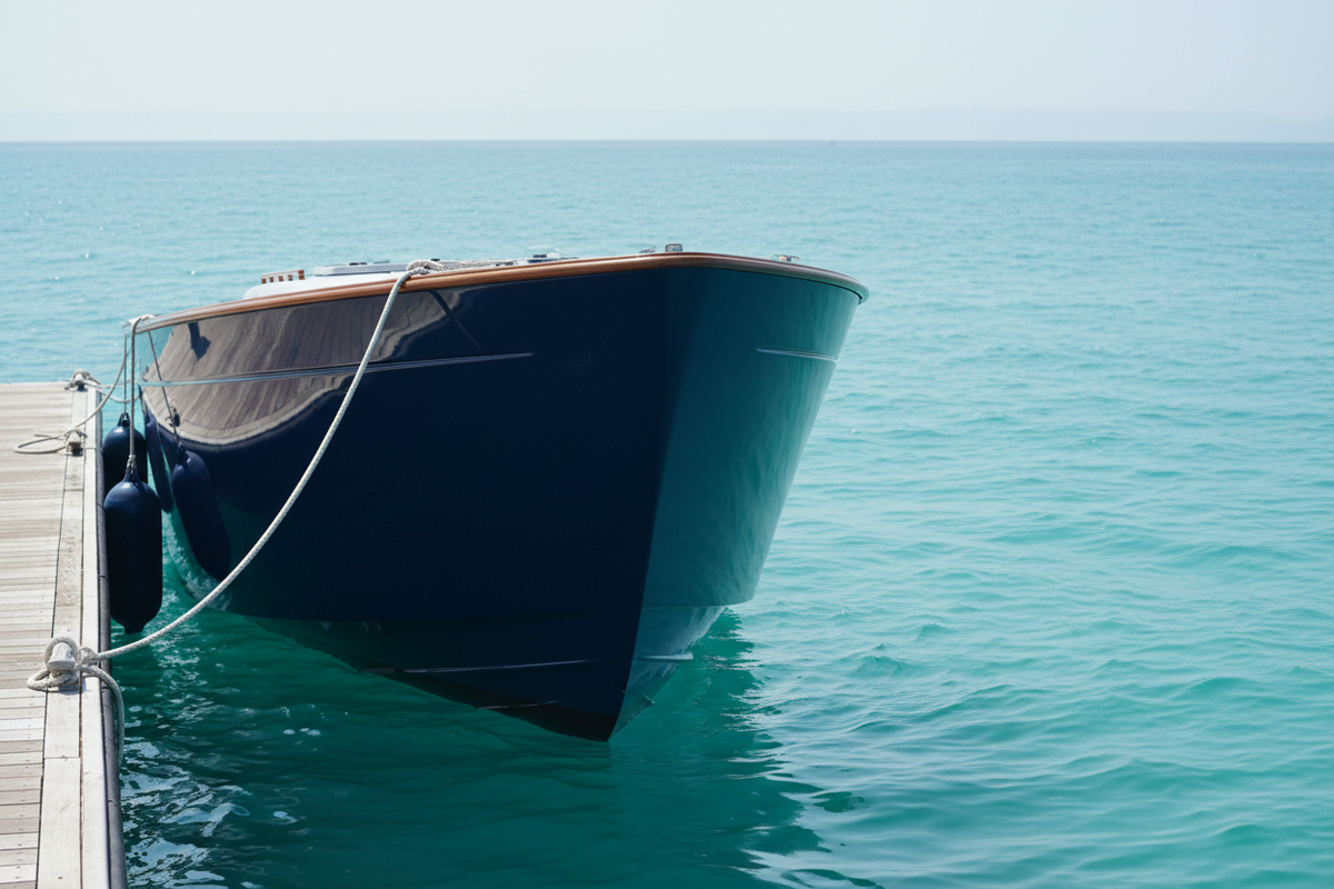 Freshly coated glossy boat hull beside calm sea in clear coastal salt air