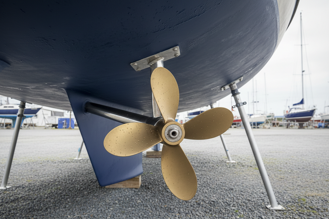 Freshly coated boat propeller and running gear under a hauled hull with an even antifouling finish