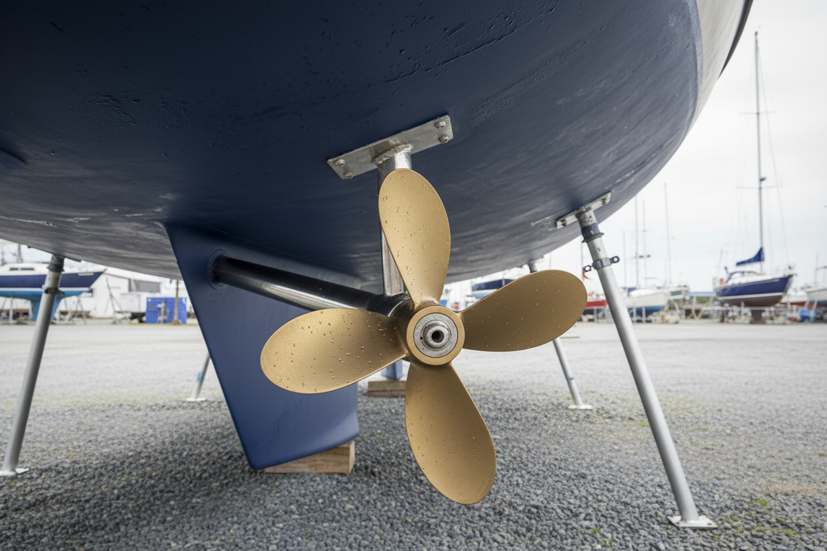 Freshly coated boat propeller and running gear under a hauled hull with an even antifouling finish
