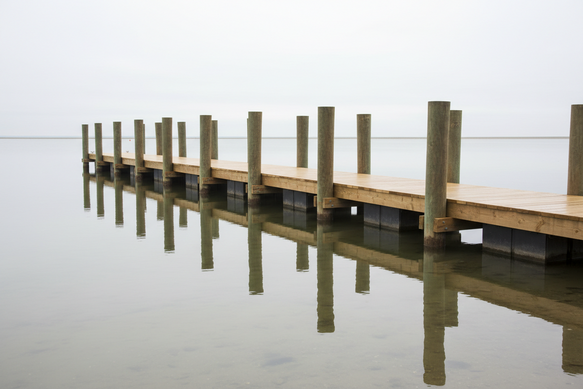 Freshly coated wooden dock and pilings over calm tidal water at low tide