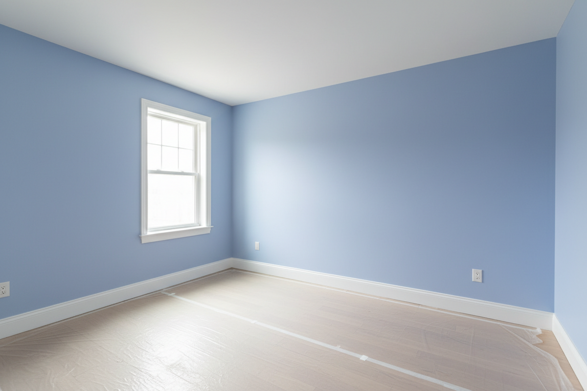 A freshly painted bright interior room with razor-crisp wall-to-ceiling and wall-to-trim lines