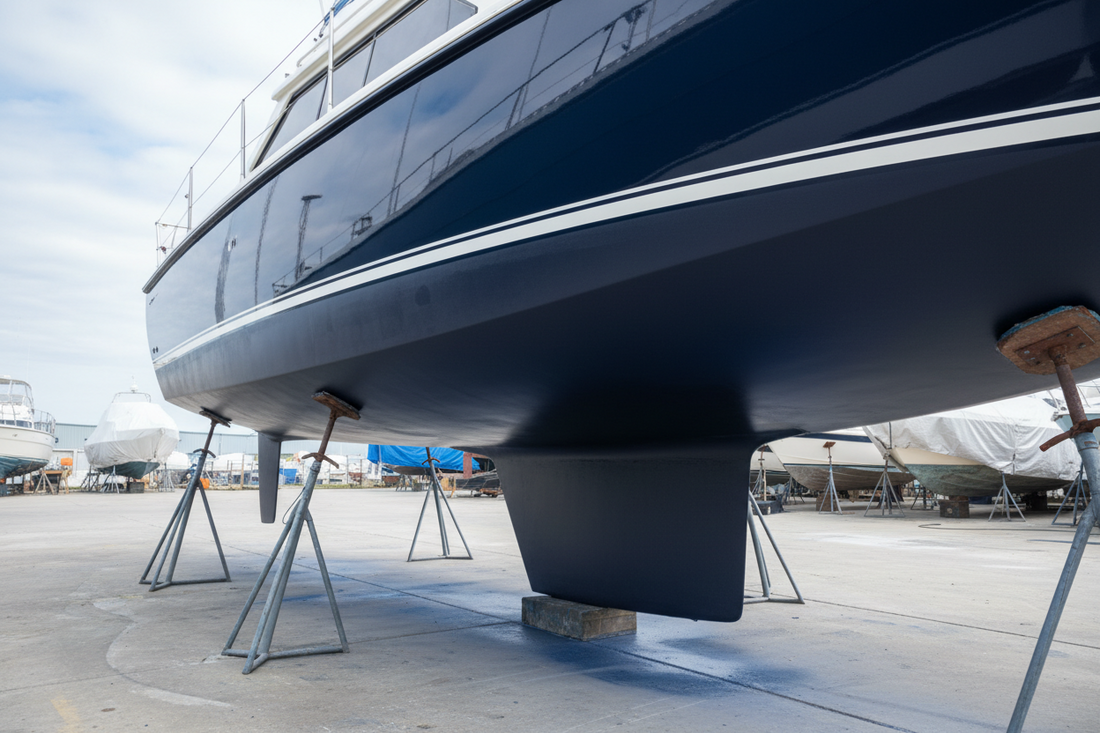 Freshly painted glossy boat hull bottom on stands in a clean boatyard