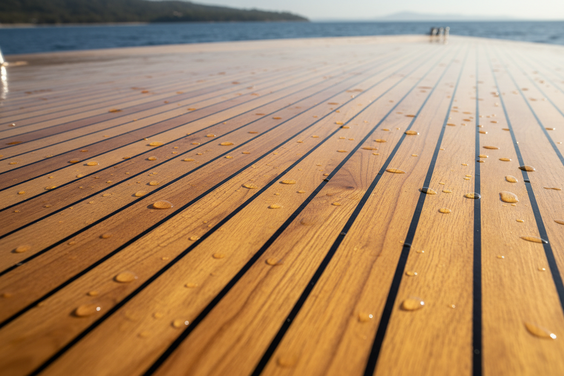 Freshly sealed teak boat deck with rich golden grain, tight seams, and an even glossy finish