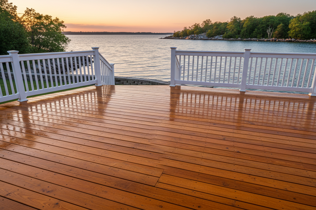 A freshly stained rich amber wood deck beside calm water with even color and a soft wet-look sheen