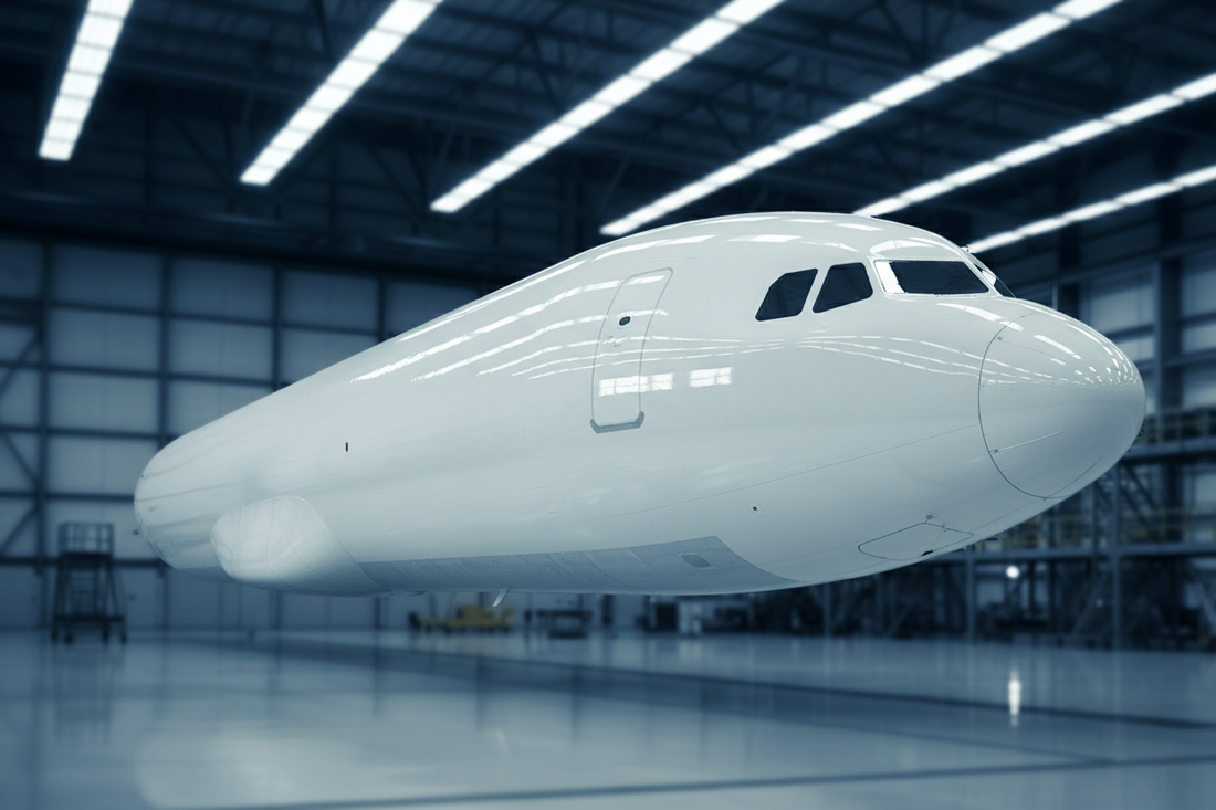 Gleaming aircraft fuselage with flawless, uniform glossy paint under soft hangar light