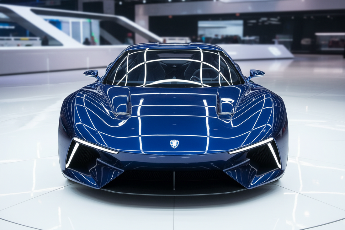 Gleaming show car under bright indoor lighting with deep wet-look gloss and clean reflections