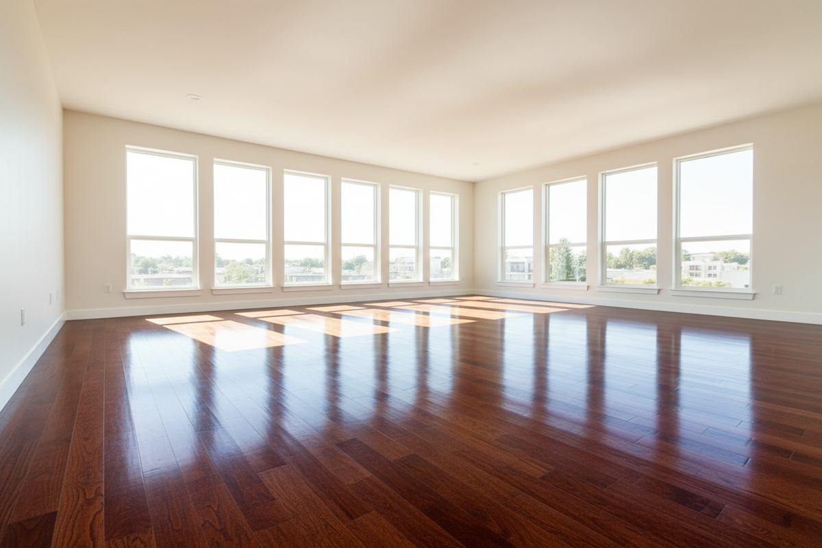 A large bright open room with a freshly finished high-gloss hardwood floor and mirror-clean window reflections