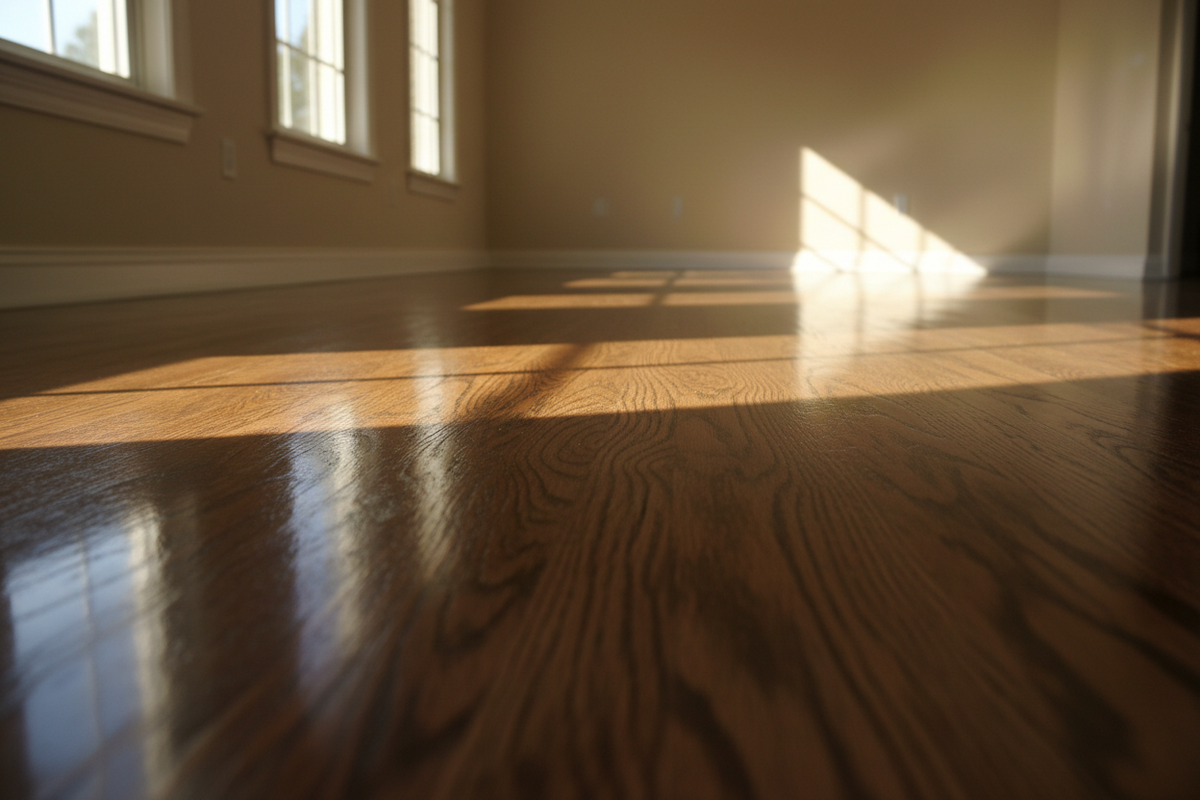 A freshly coated hardwood floor with a glass-smooth, even wet-look film under raking window light