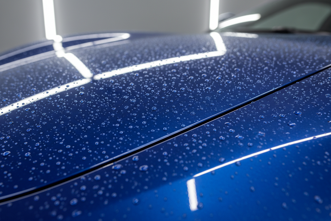 A mirror-gloss ceramic-coated car body panel with tight water beads