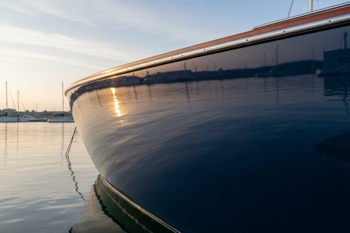 Mirror-gloss topside boat hull reflecting calm water and sky