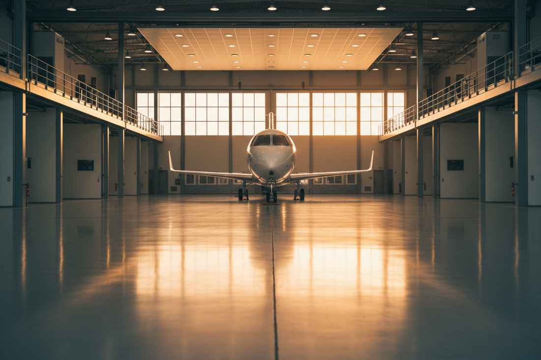 Spotless, orderly aircraft hangar with a polished reflective floor and a jet fuselage under even light