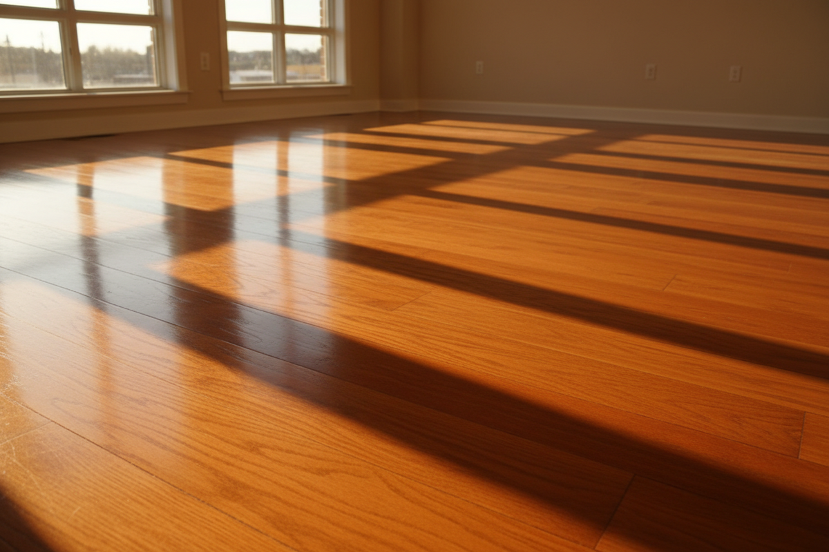 A pristine finished hardwood floor at golden hour with deep even gloss and no bubbles