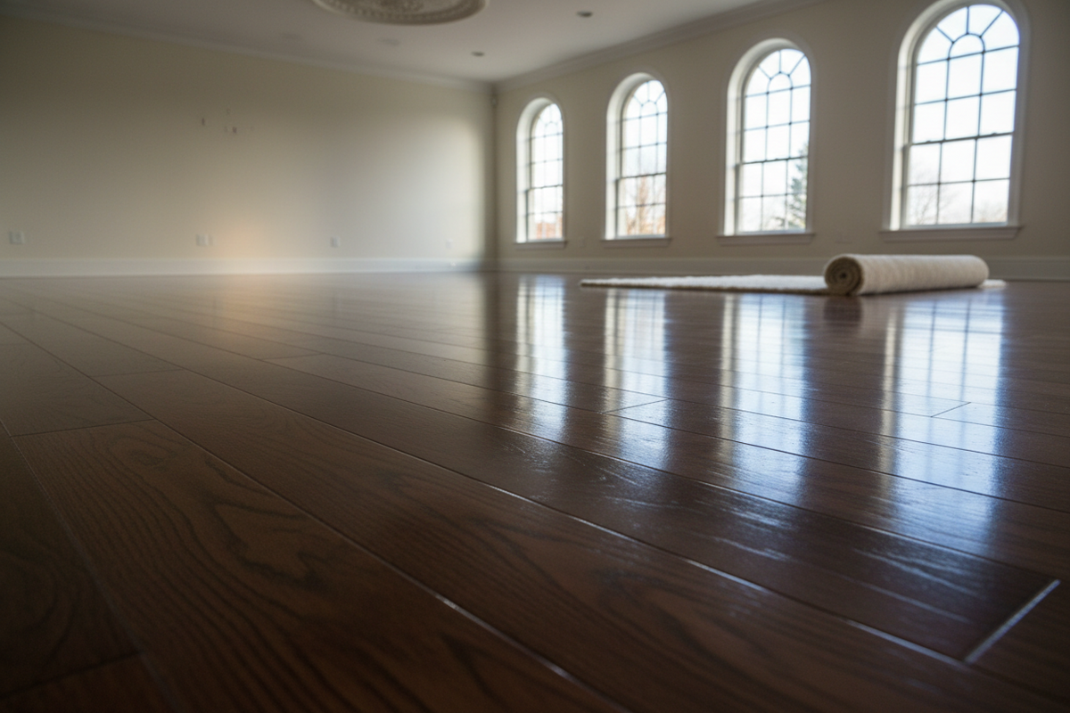 Pristine high-gloss hardwood floor with deep clear reflections in an elegant room