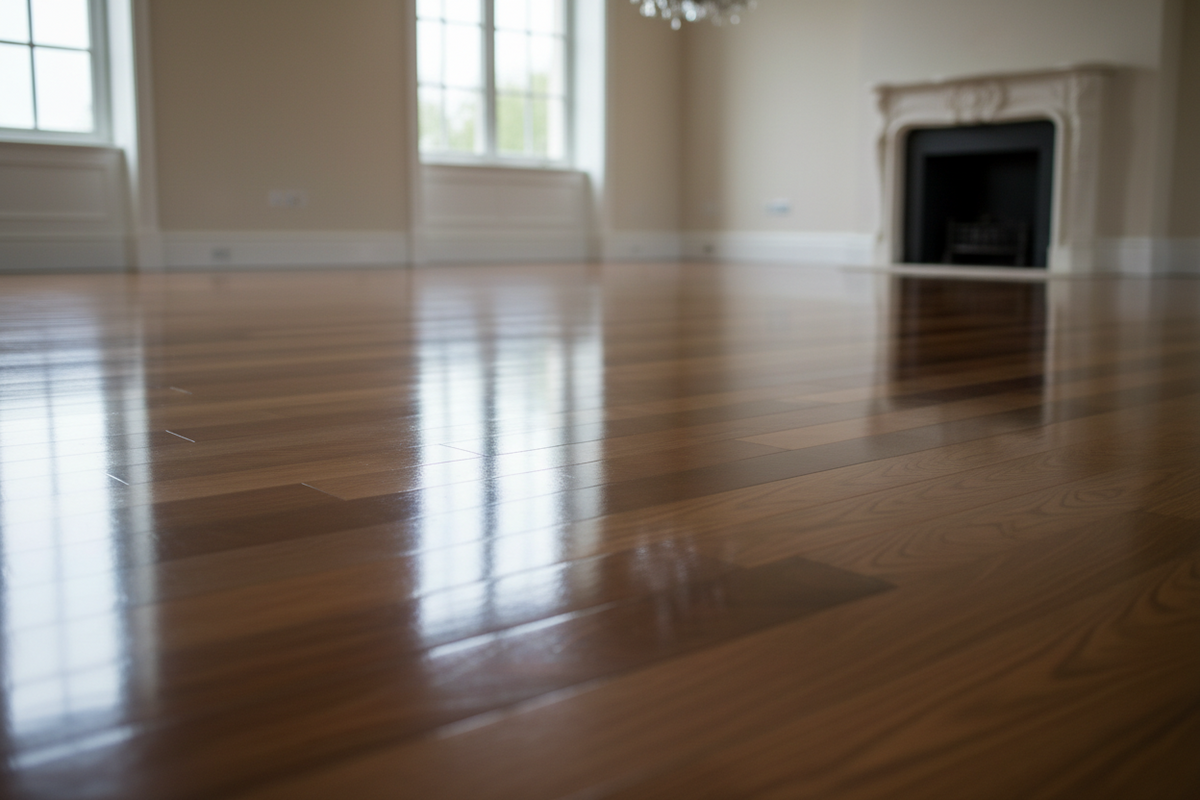 A restored like-new high-gloss hardwood floor with deep clarity in the topcoat