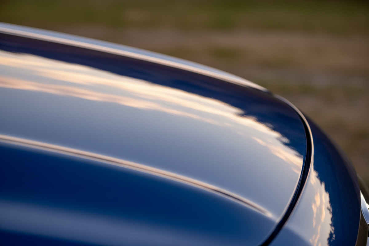 Wax-glossed dark paint panel with soft warm reflections showing deep even shine