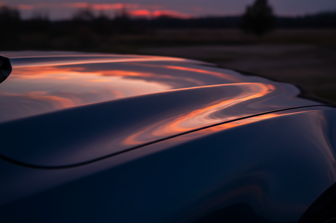 Deep metallic car paint reflecting a dusk sky in a glossy wet-look finish