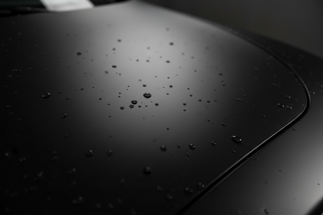 Matte black car panel with an even non-reflective finish and light water beading