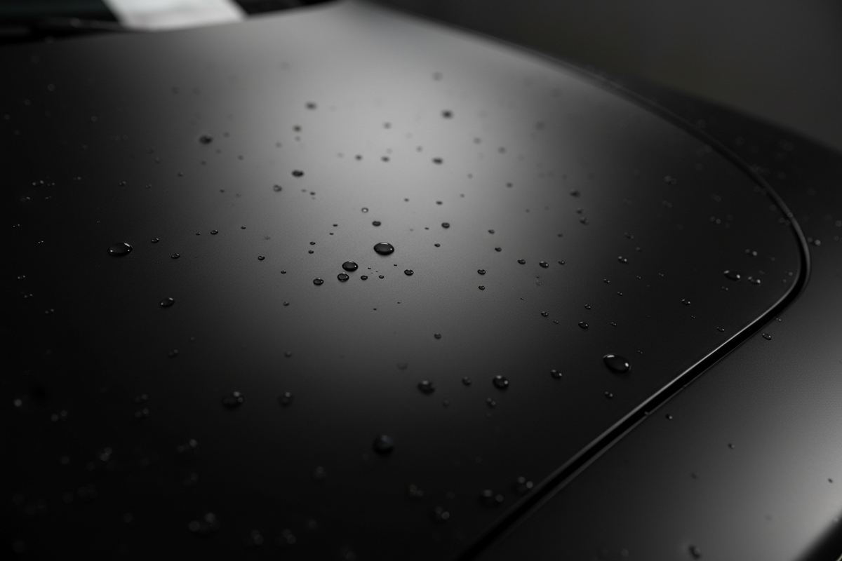 Matte black car panel with an even non-reflective finish and light water beading