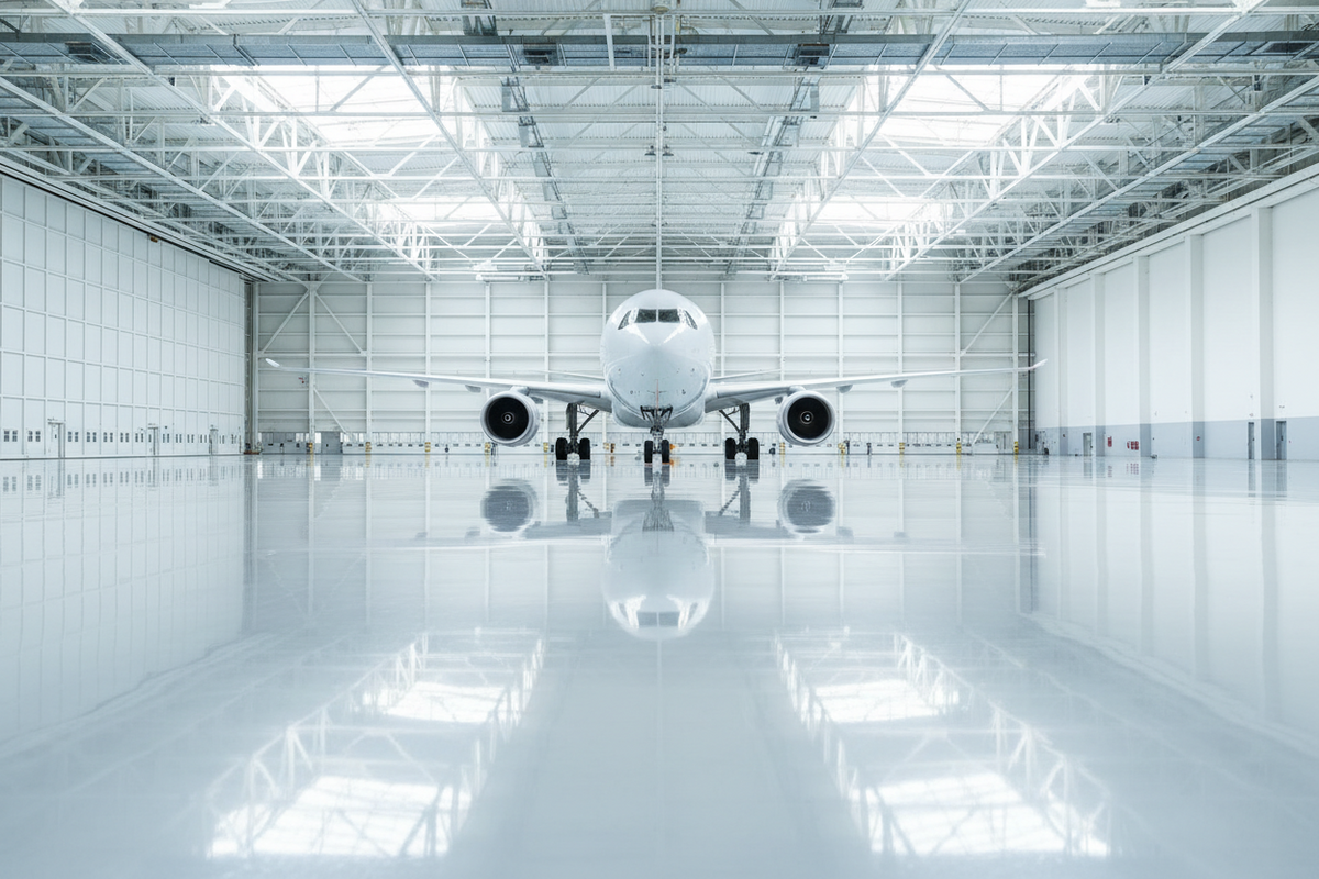 A spotless aircraft hangar with a mirror-finish freshly coated epoxy floor