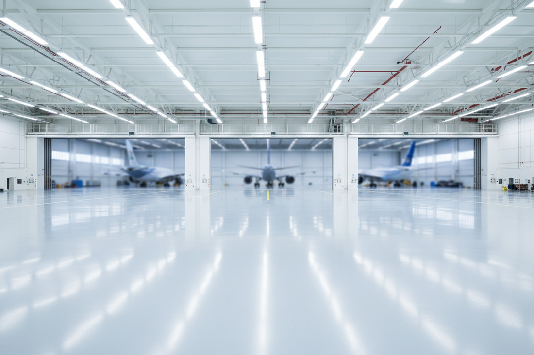 Spotless, brightly lit aircraft maintenance hangar with an immaculate floor and open bays