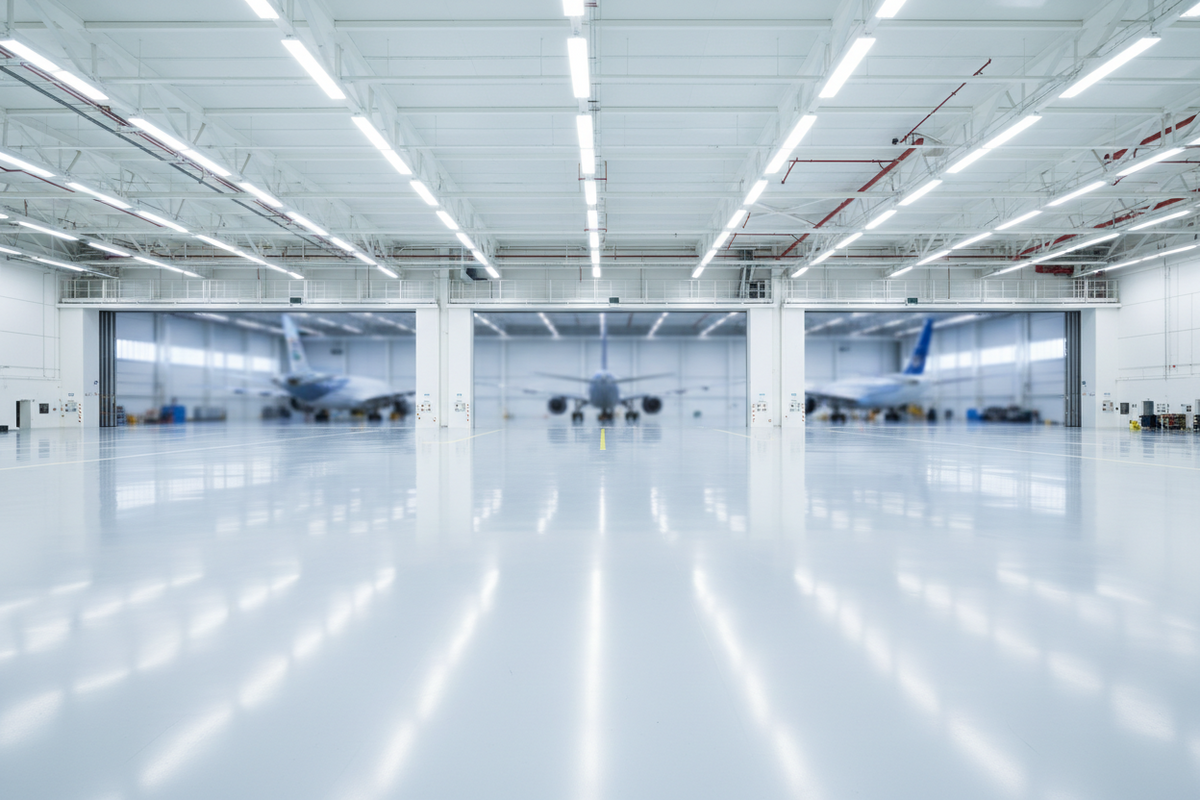 Spotless, brightly lit aircraft maintenance hangar with an immaculate floor and open bays