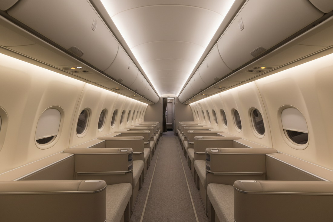 View down the aisle of a spotless modern aircraft cabin with clean uniform, evenly finished panels