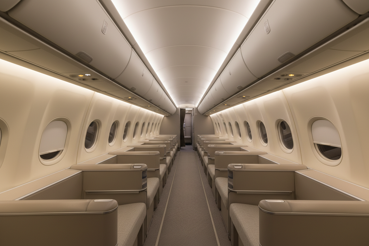 View down the aisle of a spotless modern aircraft cabin with clean uniform, evenly finished panels