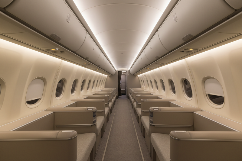 View down the aisle of a spotless modern aircraft cabin with clean uniform, evenly finished panels