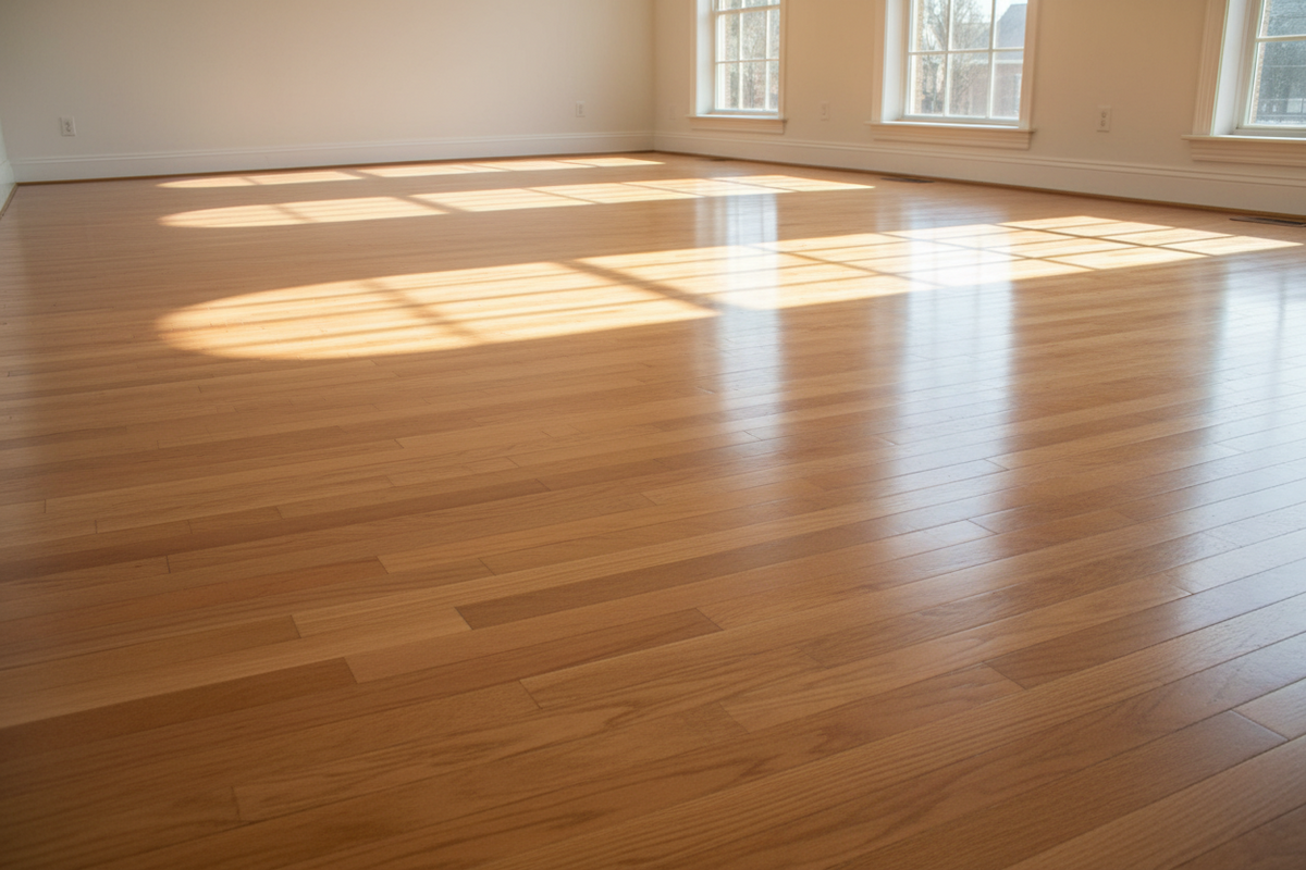 Sunlit finished hardwood floor with an even sheen in a warm bright room