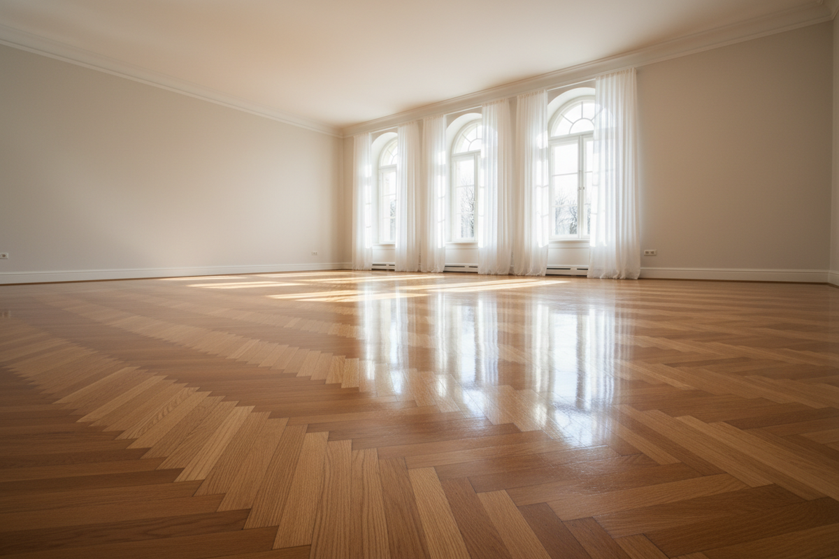 A sunlit finished oak floor with a seamless high-gloss film and soft window reflections