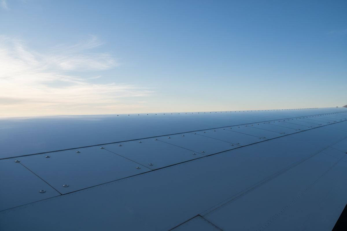 Flawless aircraft wing surface with clean, uniform parallel rows of flush rivets under grazing light
