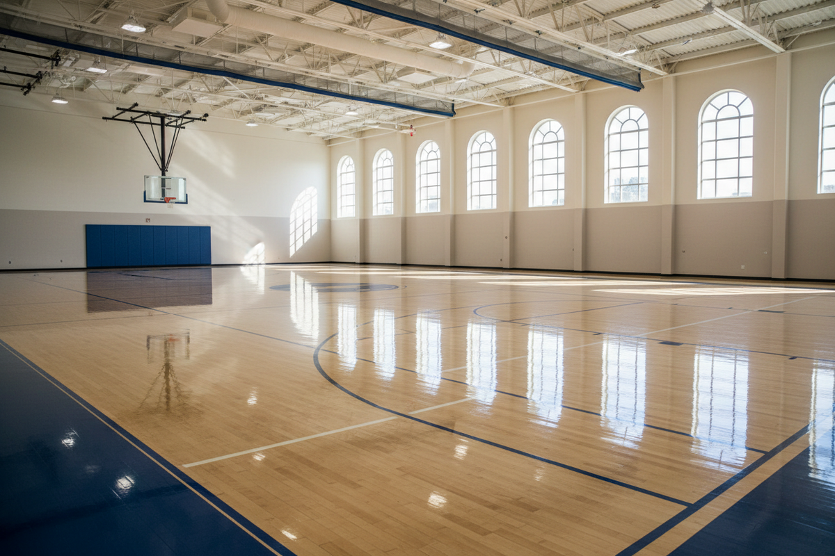 Vast freshly finished gymnasium floor with glossy game lines under bright daylight